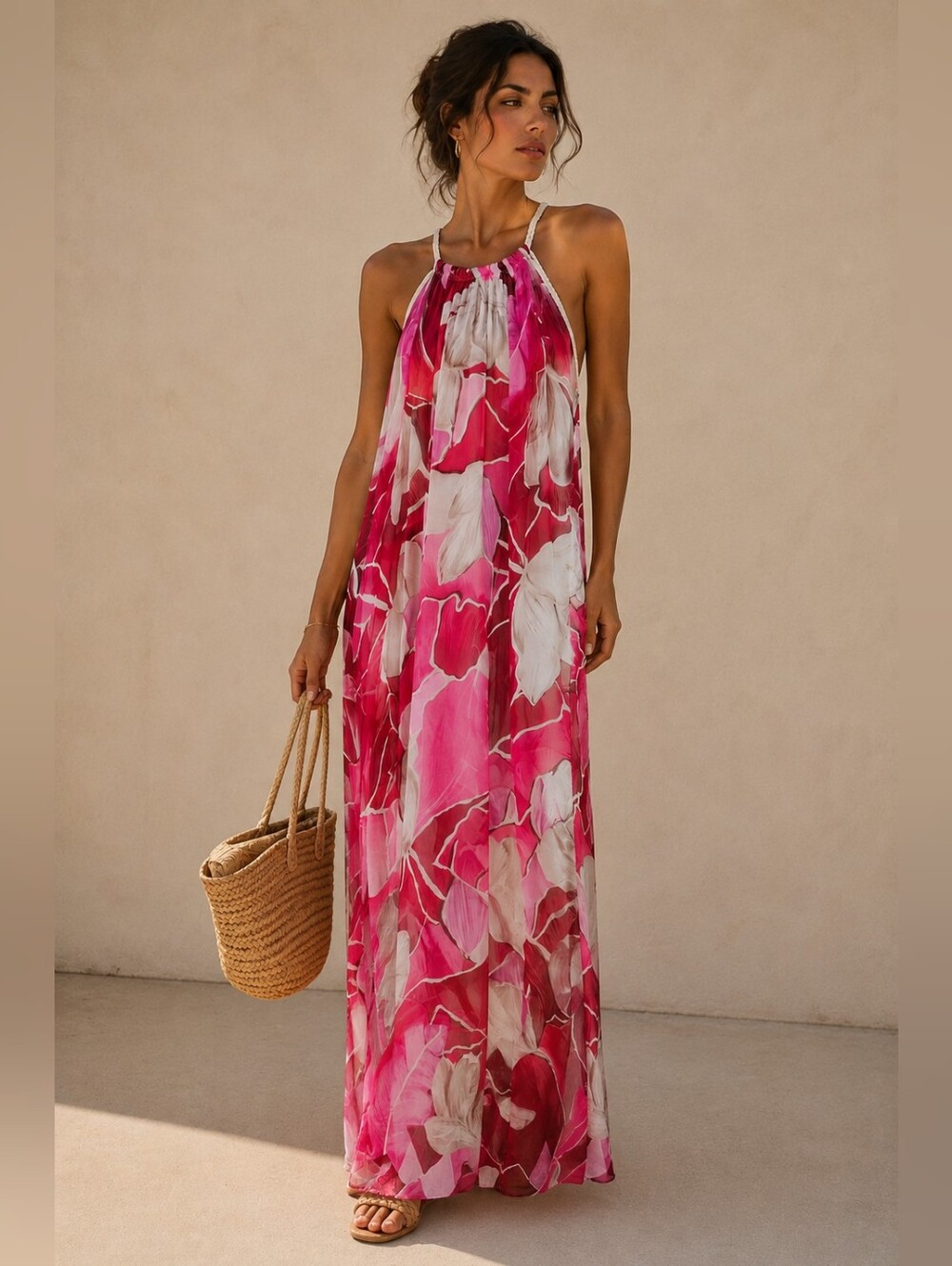 NWT Rosemarine Floral Maxi Halter Dress Size M Silk Blend Made In Italy